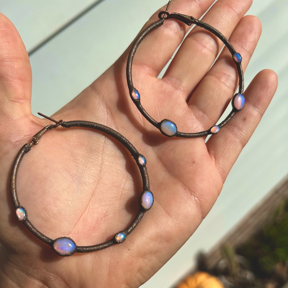 Hoops made from oxidized copper and Australian opals